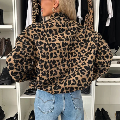 Vintage Leopard Print Baseball Coat Women Casual O-neck Zipper Long Sleeved Jackets Fashion High Street Pocket Short Outerwear