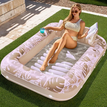Chaise longue gonflable flottante de plage de fête de piscine avec porte-gobelet, transat de piscine de bronzage pliant, baignoire de bronzage, lit gonflable