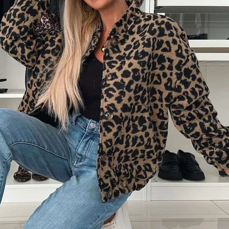 Vintage Leopard Print Baseball Coat Women Casual O-neck Zipper Long Sleeved Jackets Fashion High Street Pocket Short Outerwear