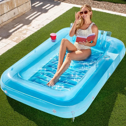 Chaise longue gonflable flottante de plage de fête de piscine avec porte-gobelet, transat de piscine de bronzage pliant, baignoire de bronzage, lit gonflable