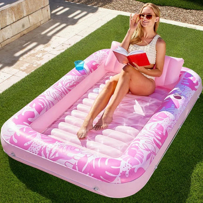 Chaise longue gonflable flottante de plage de fête de piscine avec porte-gobelet, transat de piscine de bronzage pliant, baignoire de bronzage, lit gonflable
